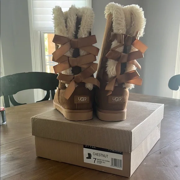 UGG Tan Boots with Plush Fur and Bows Chestnut Tan Faux Fur Cosy Ankle Winter Boots With Bow  main image 2